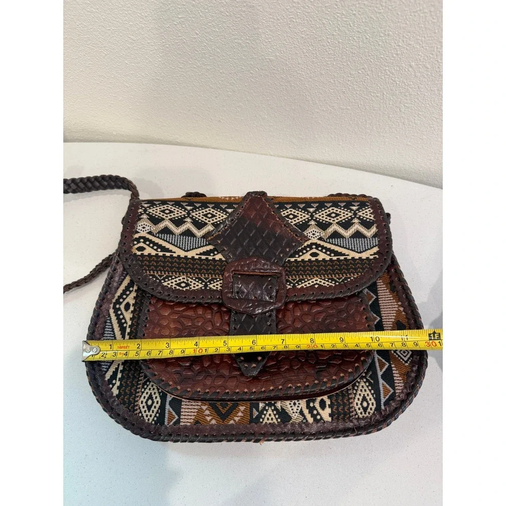 Artisan Tooled‎ Leather Woven Tapestry Crossbody Bag Boho Geometric Saddle Bag